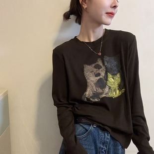 咖啡色纯棉正肩长袖打底衫女2025新款韩系早秋内搭显瘦巨好看上衣