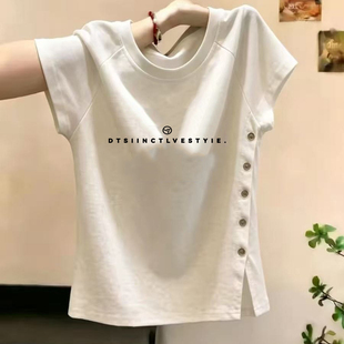 夏季2026新款韩版白色短袖T恤女生ins显瘦百搭纽扣蝴蝶印花上衣服