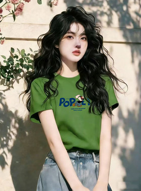 新款纯棉夏季韩版宽松果绿色t恤女时尚印花大码体恤显白显瘦女装t