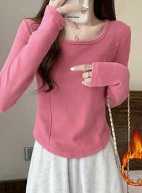 美拉德正肩t恤2024德绒鱼骨上衣方领加绒打底衫女冬内搭长袖秋衣