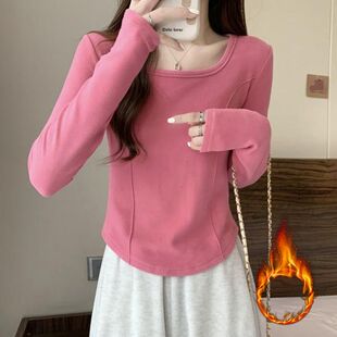 美拉德正肩t恤2024德绒鱼骨上衣方领加绒打底衫 秋衣 女冬内搭长袖