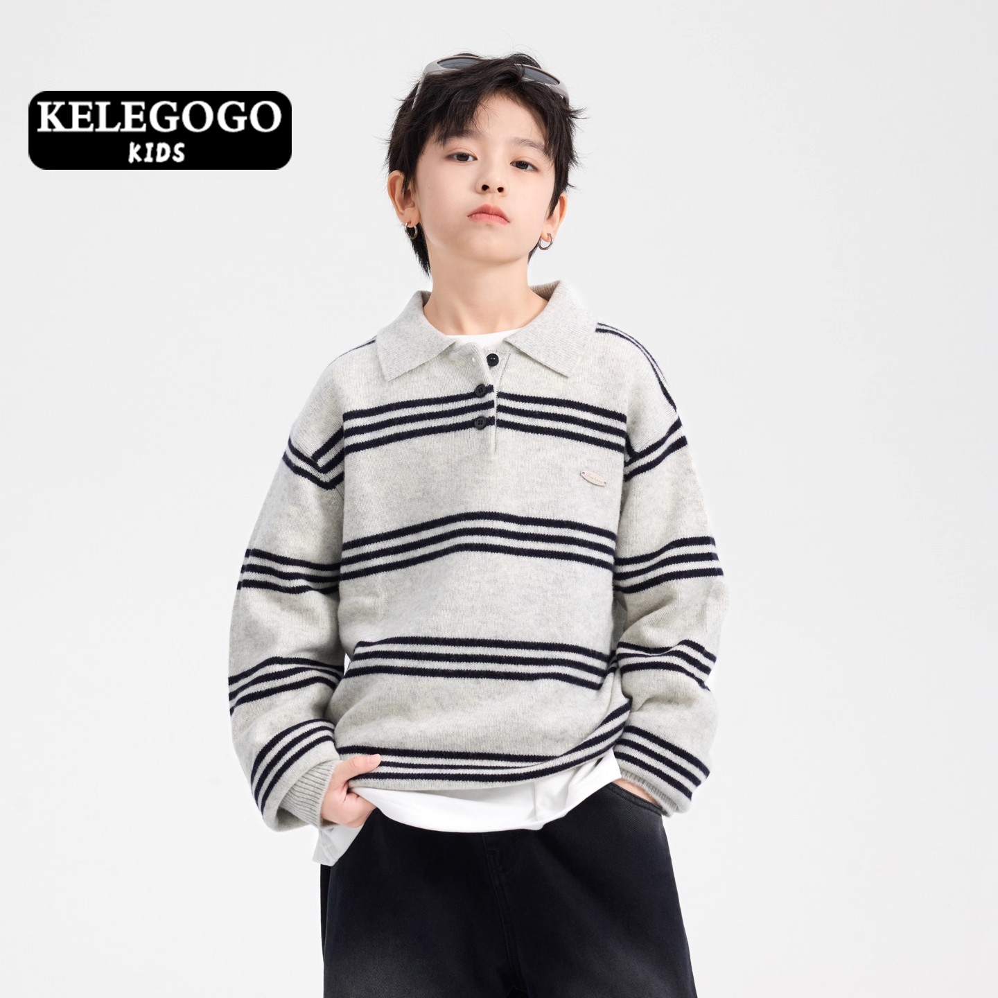 男童秋冬高级羊毛衫翻领毛衣帅气