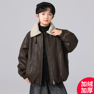 棉服中大童儿童男孩夹克潮 冬季 男童冬装 加绒加厚皮衣外套2025新款