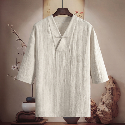 新中式唐装棉麻T恤男士七分袖
