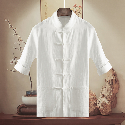 由天中式纯亚麻短袖衬衫
