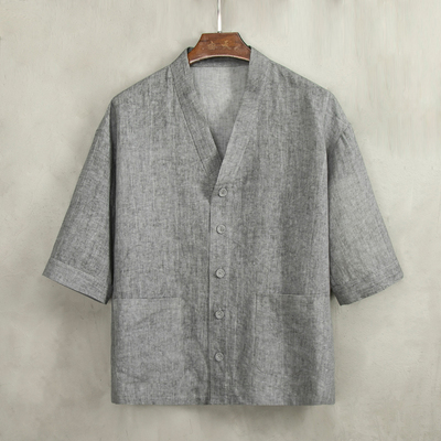 由天棉麻短袖中国风衬衫