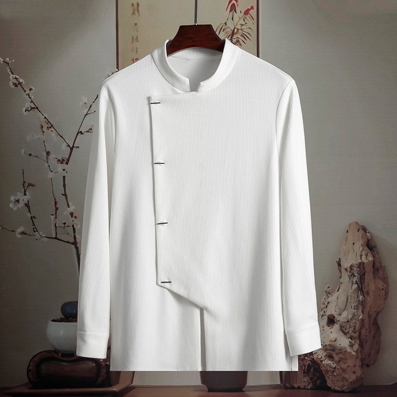 由天丨时尚轻奢弹力复古风男装改良新中式衬衫斜襟茶服男潮流新款