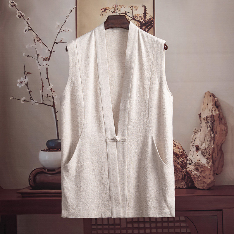 由天丨中国风马甲亚麻男装无袖马褂复古风中式休闲棉麻唐装男汉服