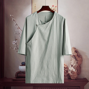 由天丨中国风斜襟八卦扣棉麻改良汉服男款夏季中袖亚麻上衣新中式