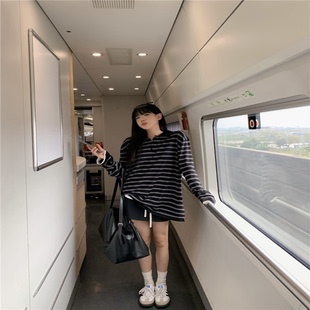 条纹撞色polo领长袖 上衣女夏季 2025新款 韩系气质设计感百搭防晒衫