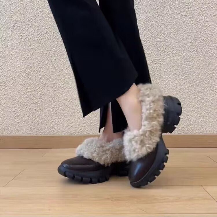 复古厚底勃肯鞋女2025冬加绒小皮鞋保暖雪地鞋百搭乐福勃肯棉鞋