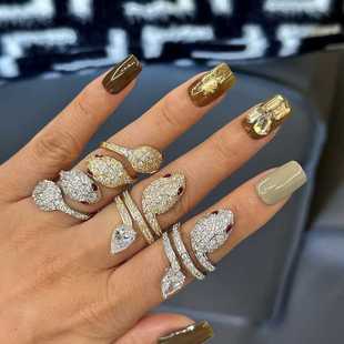 复古vintage奢华镶钻蛇头开口戒指双头蛇戒满钻闪亮蛇形锆石指环