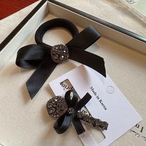 韩国同款气质黑色水钻鸭嘴夹边夹蝴蝶结夹子头饰扎马尾发绳橡皮筋