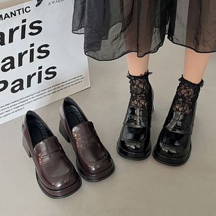 乐福鞋女厚底黑色制服鞋高跟小皮鞋批发春秋新款复古浅口粗跟单鞋