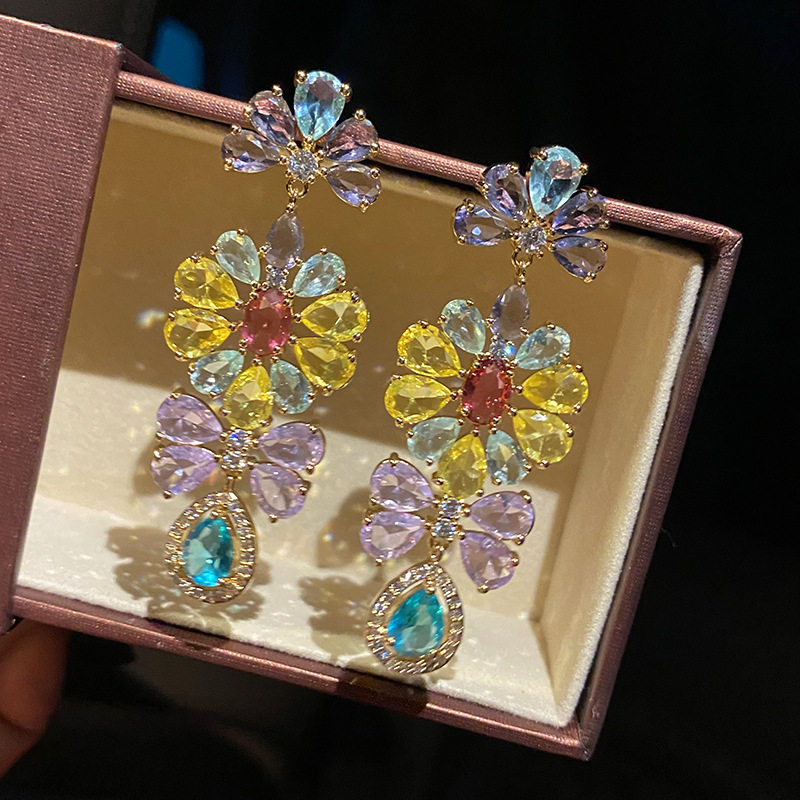 重工彩钻花朵耳环花蕊森系彩色时尚气质锆石高级感耳饰水晶花复古