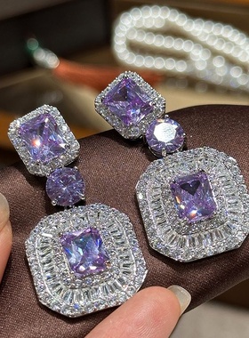 非常奢华紫色水晶方牌镶钻耳环大气潮宝石简约高级贵气满镶重工
