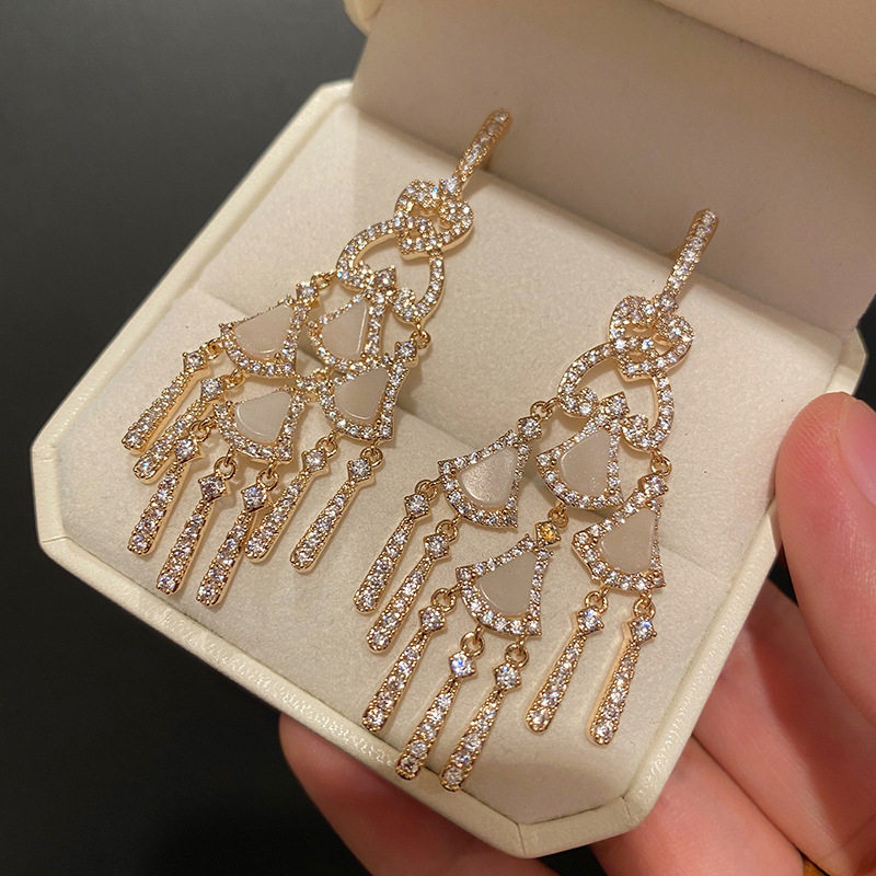 金色扇形小裙子流苏耳环仙女气质简约感轻奢小裙摆水晶复古