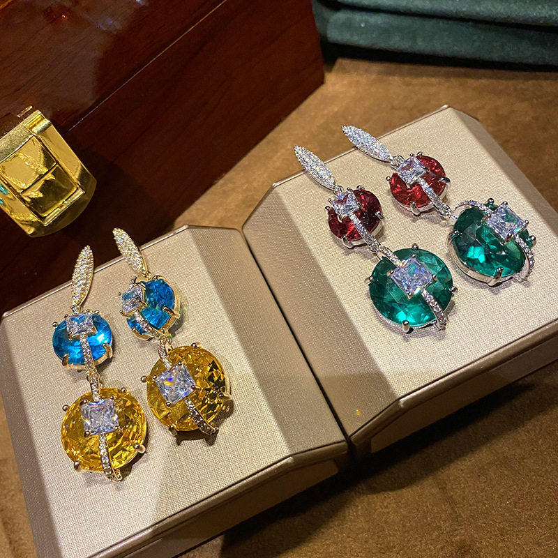 微镶两颗彩色大圆钻耳钉耳饰高级感奢华立体大气水晶百搭气质银针