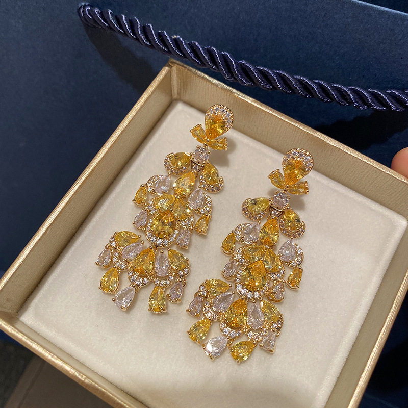份量感十足超闪黄钻麦穗耳环耳钉晚宴款全锆石水滴流苏奢华长款