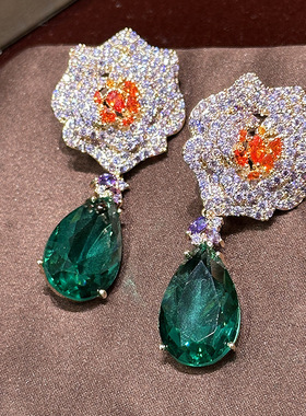 高端立体紫色花蕊绿水滴花朵耳环锆石独特奢华水晶新娘婚礼晚宴