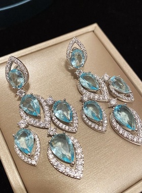 灵动淡蓝色大水滴镶锆石耳环叶子气质925银针宴会水晶晚礼服配饰