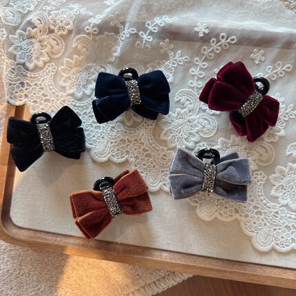 秋冬气质丝绒蝴蝶结抓夹女水钻后脑勺盘发鲨鱼夹子半扎马尾夹头饰