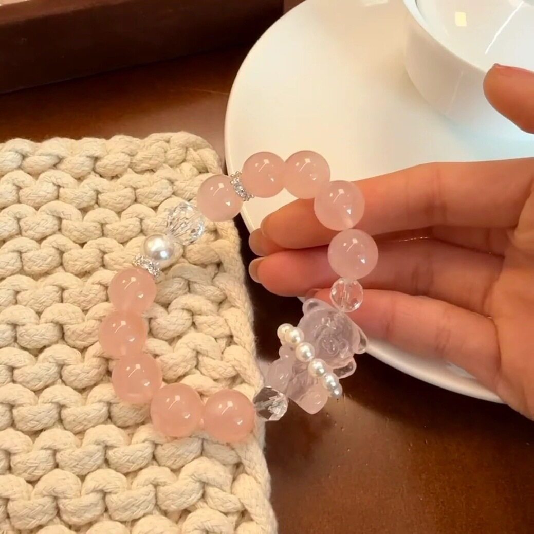 可复检纯净无暇纯天然粉水晶小熊设计款手链甜美专属手串招桃花