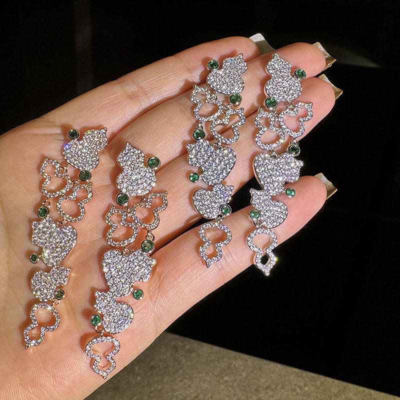 欧美高级感满钻一串葫芦流苏耳环轻奢高级感气质名媛豪华镶钻新款