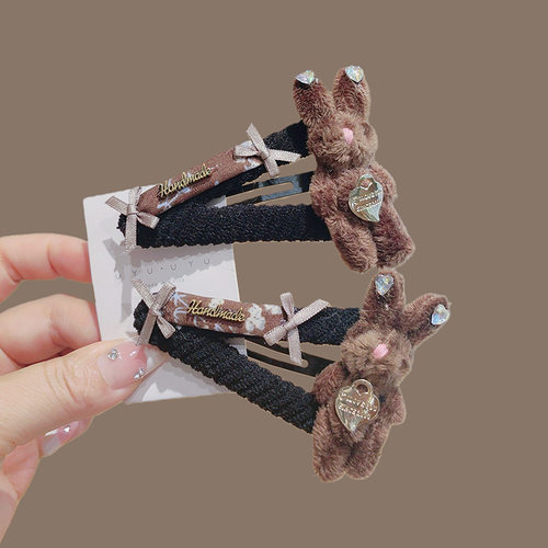 韩系秋冬新款毛绒小熊发夹爱心蝴蝶结掰掰夹刘海侧边碎发夹头饰