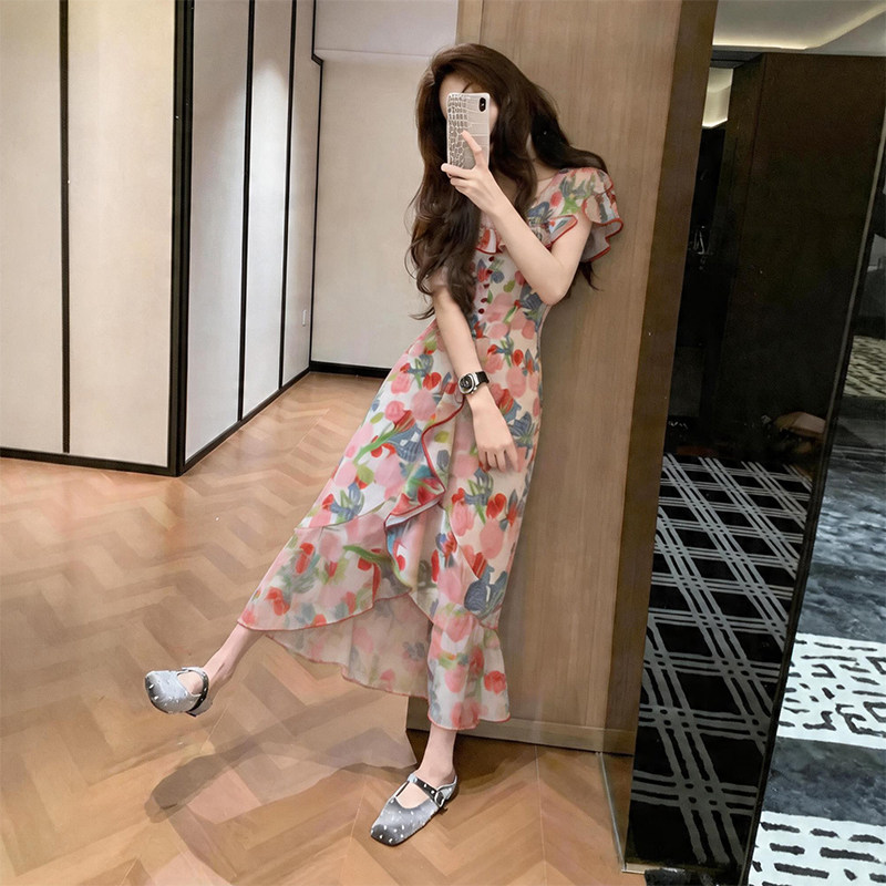 气质花色荷叶边连衣裙女26夏特别漂亮掐腰小个子绝美巨好看长裙子