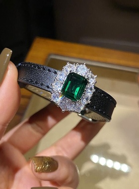 绿色方钻简约复古vintage祖母绿方钻皮带手带手链宝石表带夸张