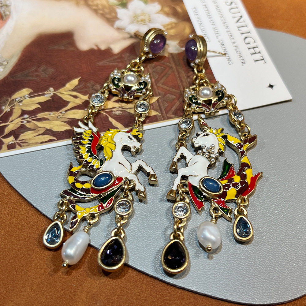 马到成功中古珐琅长款流苏耳饰 vintage西洋古董重工流苏动物耳饰