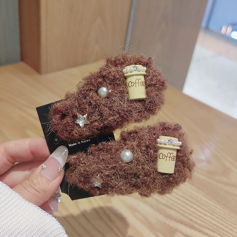焦糖栗棕~发夹女毛绒Coffee杯边夹bb夹前额碎发刘海夹子新款发卡