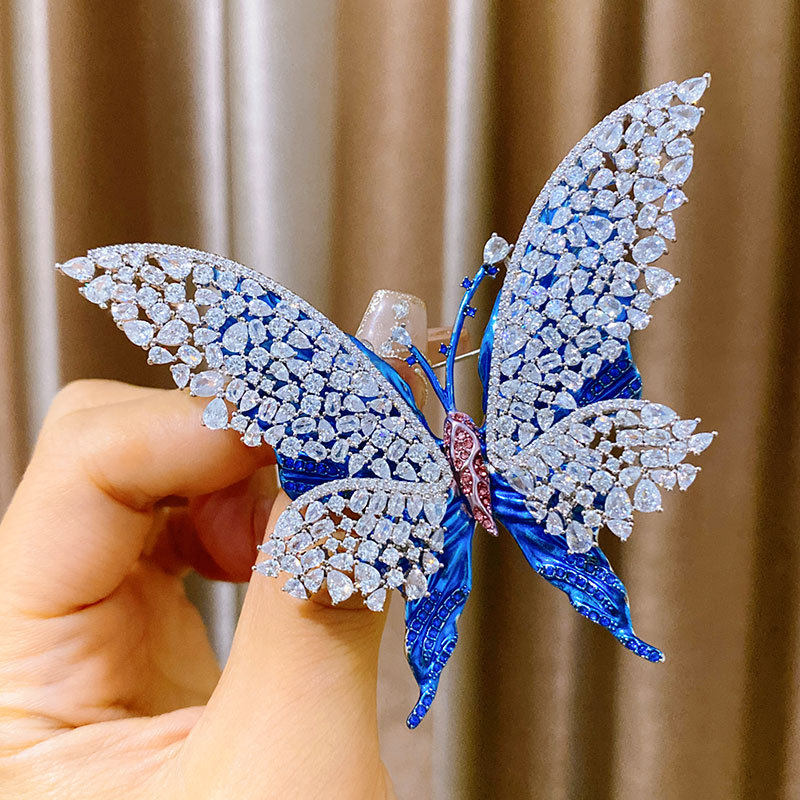 新品高档铜材质胸针轻奢镶满钻可爱蝴蝶胸花双层立体珐琅优雅别针