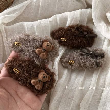 韩系金标羊羔毛小熊发卡毛绒蝴蝶结发夹侧边夹高级感bb夹小饰品