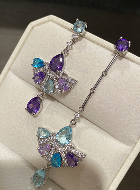 蓝紫色锆石扇形耳钉气质不对称ab款耳饰复古港风奢华耳环耳饰银针