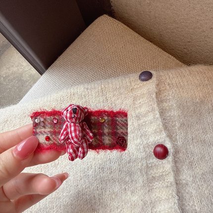 秋冬粗花呢新年红色格纹BB夹刘海夹甜美少女可爱小熊水钻侧边夹女