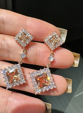 欧美气质复古橙色方钻几何方形菱形耳环高级感简约超闪时尚百搭