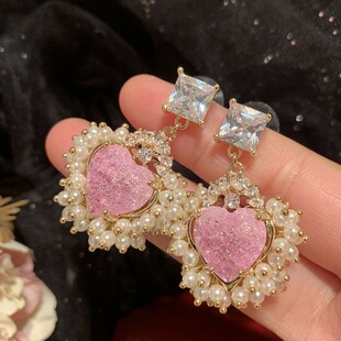 粉色爱心耳环S925银针超仙糖果裂纹设计感小米珍珠超闪少女心耳饰