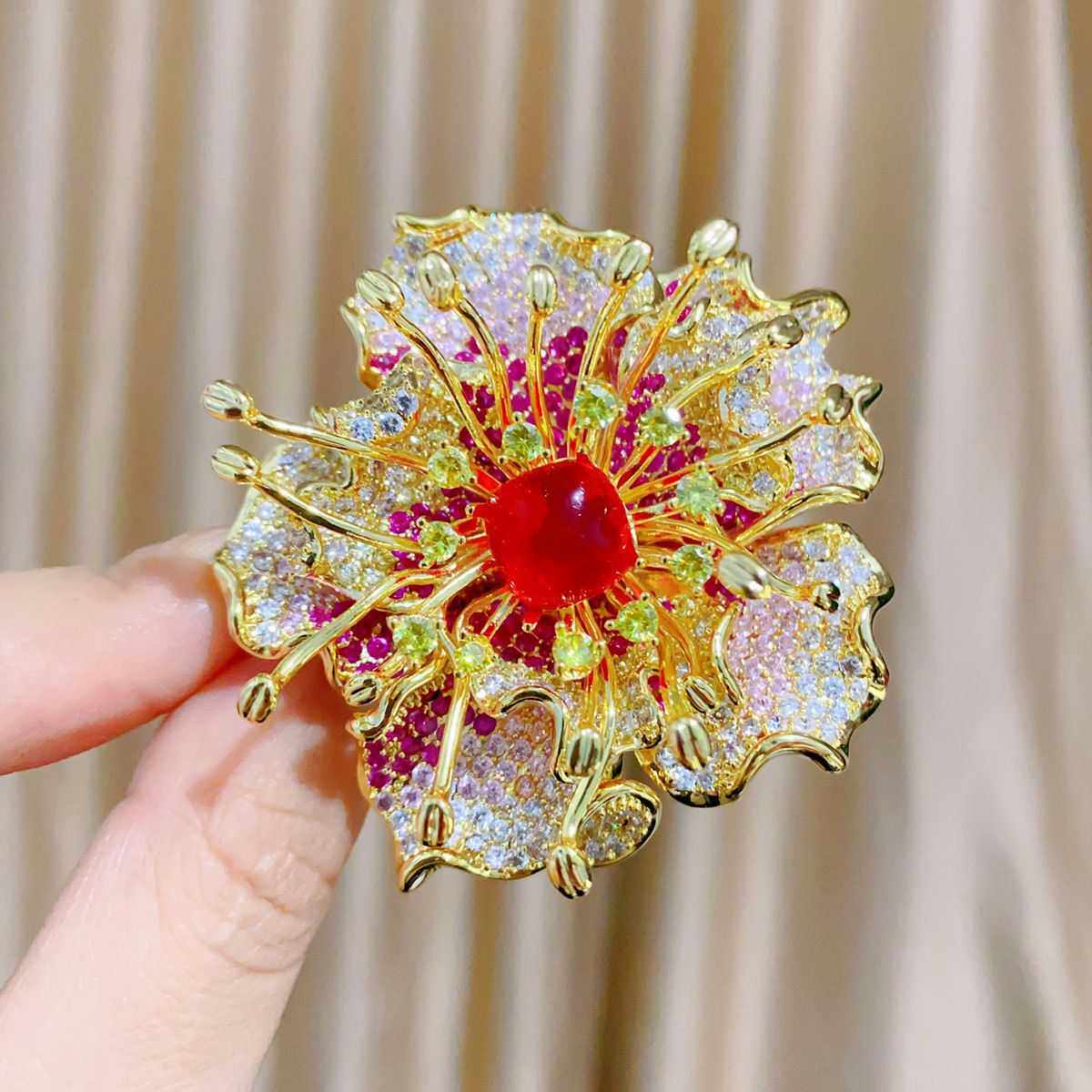 欧美高级重工锆石花胸针宫廷风玉髓彩色牡丹胸花高档配饰胸花女