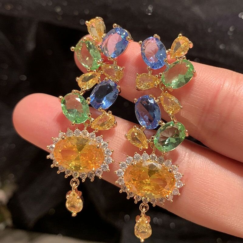 透明花朵耳环S925银针复古优雅新中式金枝玉叶糖果色长款流苏耳饰