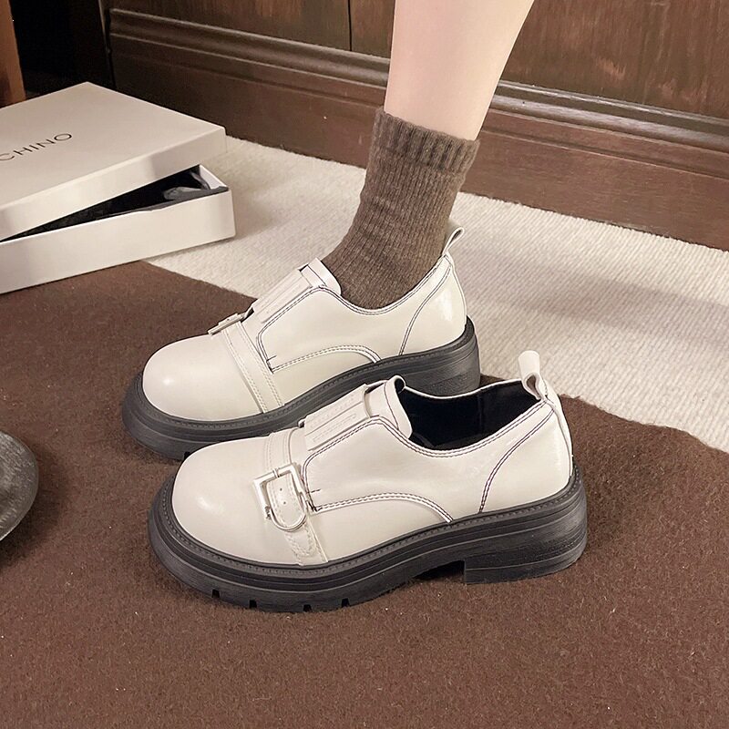 增高英伦风小皮鞋厚底一脚蹬单鞋百搭舒适春季小众乐福鞋女皮带扣