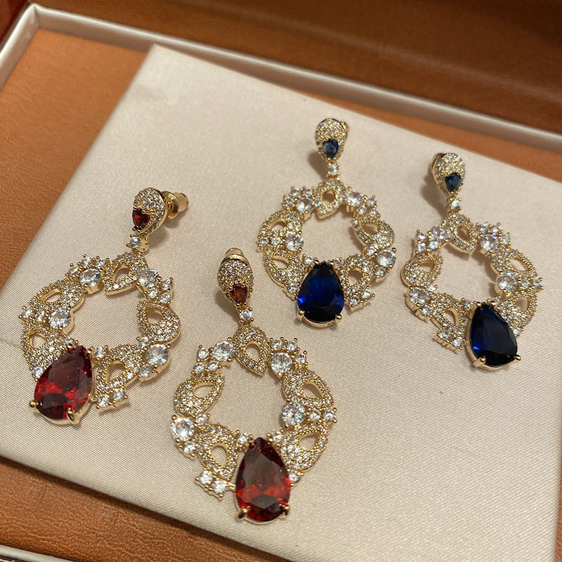 925银针水滴花纹耳环巴洛克复古女镶锆石耳钉年会耳坠耳饰港风