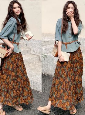 成套搭配超好看套装裙女夏2025新款短袖牛仔衬衫碎花半身裙两件套