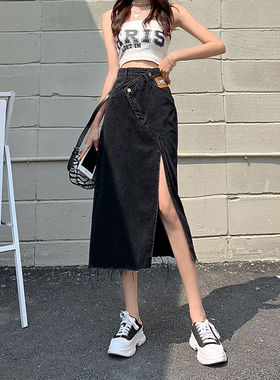 高腰侧开叉牛仔半身裙女夏2025年新款设计感显瘦a字包臀中长裙子