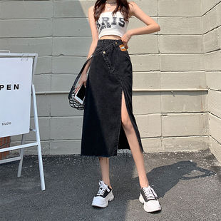 高腰侧开叉牛仔半身裙女夏2025年新款设计感显瘦a字包臀中长裙子
