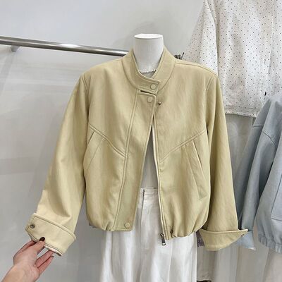 立领短款气质皮衣外套女2025春季新款韩版宽松拉链夹克鹅黄色上衣