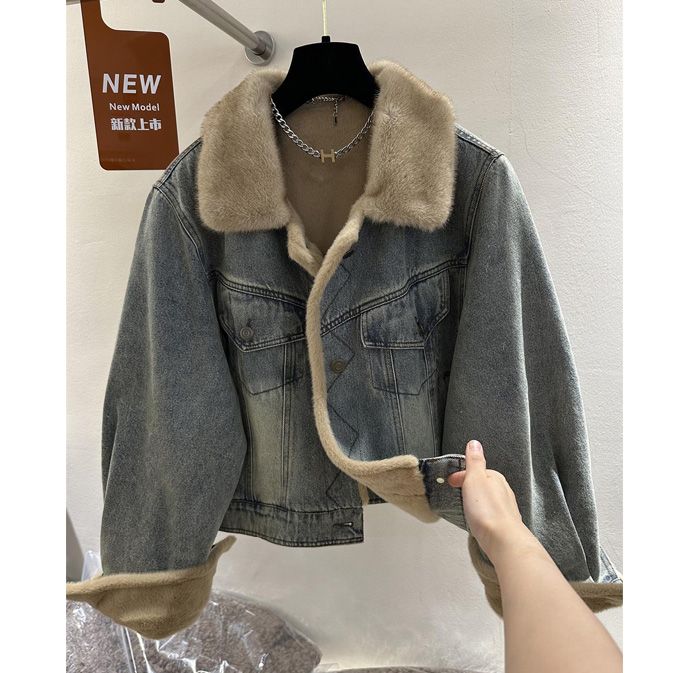 高端欧货冬季新款加厚复古毛毛牛仔外套小个子短款气质保暖外套女
