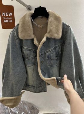 高端欧货冬季新款加厚复古毛毛牛仔外套小个子短款气质保暖外套女