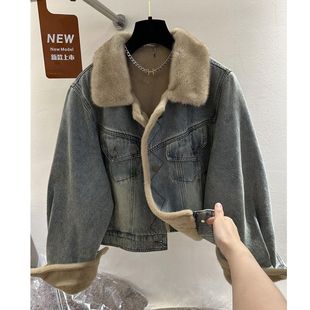 高端欧货冬季新款加厚复古毛毛牛仔外套小个子短款气质保暖外套女